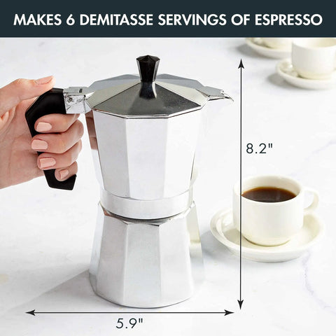Compact Stovetop Espresso Maker And Handheld Electric Milk Frother Gift Set Pro Grade Aluminum Moka Pot with demitasse serving.