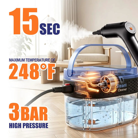 1800ML Portable Handheld Steam Cleaner With 2500W Fast Heating Power, features transparent water tank and steam nozzle.