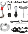 All In One Bike Repair Gear Kit For Mountain Bikes 9 Piece Set with various tools including wrenches and chain breaker pliers.