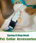 Dog wearing floral collar with spring D ring hook, pet collar accessory, 10 Pack Small D Ring Carabiner Clips Set usage.
