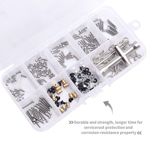 RC Screw Kit 272 Pieces M1.4 Screws Hardware Fasteners Repair Tools For Axial SCX24 in clear storage box with multiple compartments.