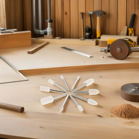 40 Piece Wool Felt Polishing Wheel Set With One Eighth Inch Shank For Drill Buffing Attachments on wooden workspace