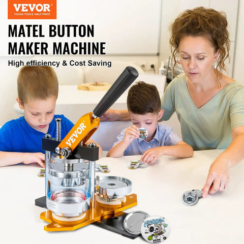 Family using 75 Mm Button Maker Kit Punch Press For DIY Badges and Crafts, Kid Friendly Gift on table, includes button parts