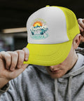 Person wearing yellow breathable cap for men with adjustable buckle, all season comfort hat for everyday wear, close-up view