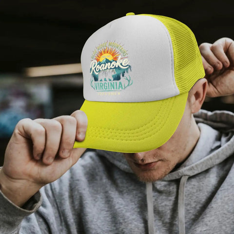 Person wearing yellow breathable cap for men with adjustable buckle, all season comfort hat for everyday wear, close-up view