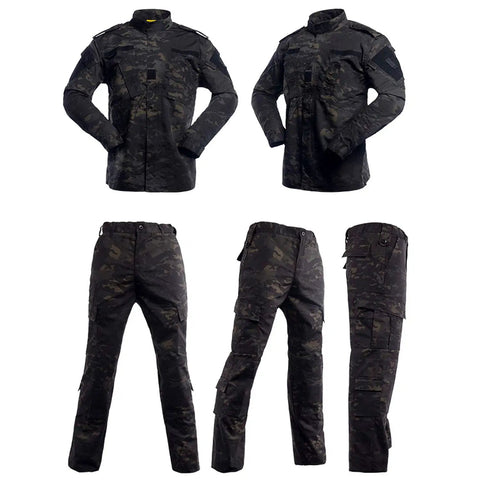 Kickass Mens Tactical Jacket And Pants Set Windproof Military Hunting ACU Uniform Suit Lightweight Moisture Wicking black camo outfit with cargo pockets
