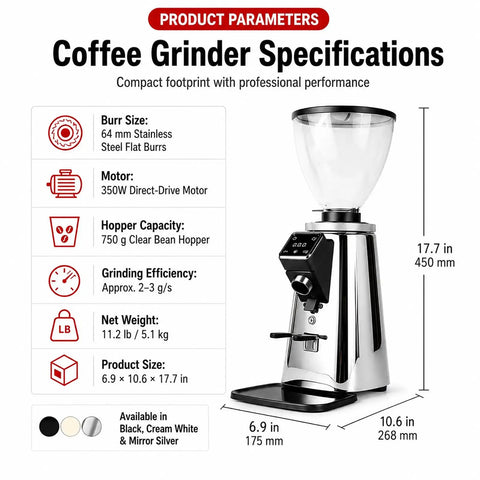 Top Tier Commercial Espresso Grinder Featuring 64Mm Stainless Steel Flat Burrs Timed Dosing Button with digital display, side view.