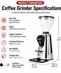 Professional Flat Burr Coffee Grinder With 64MM Stainless Steel Burrs Programmable Timer Single Dose And Double Dose Setup For Fine Espresso Pulls To Coarse French Press Grinds Get That Fresh Morning Kick Silver specifications overview with size and features on image.