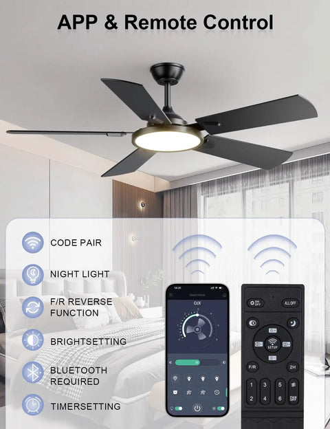 Smart 52 Inch Ceiling Fan With Lights Remote And App Control Dimmable 3CCT Color Temperature Quiet DC Motor in modern room