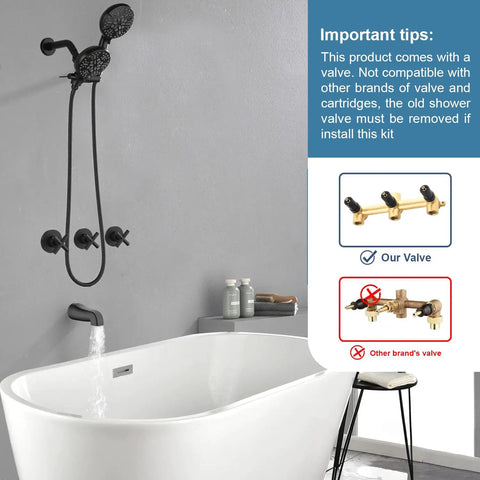 Bathroom with All In One Matte Black Shower Faucet Set With Rainfall Head, Pressure Balance Valve, Rough In Trim Kit, and tub