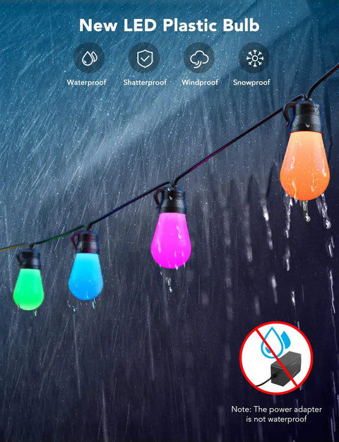 48 Ft RGBIC Outdoor String Lights With 15 Dimmable LEDs IP65 Waterproof Color Changing Warm White 47 Scene Modes App Controlled Mood Lighting For Patio Backyard And Deck under rain, showcasing green, blue, purple, and orange lit bulbs.