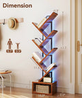 Tree Bookshelf With LED Lights, 6-Tier Narrow Bookcase For Small Spaces, Tall Steel And Wood Storage Shelf With Cabinet