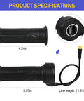 Full Twist Ebike Throttle 3 Pin Universal 12V 72V plug and play design with dimensions and waterproof connector detail