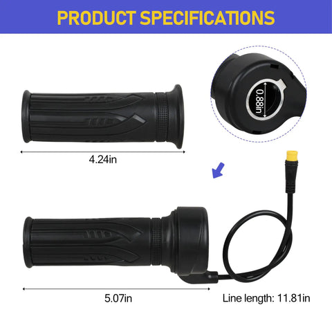 Full Twist Ebike Throttle 3 Pin Universal 12V 72V plug and play design with dimensions and waterproof connector detail