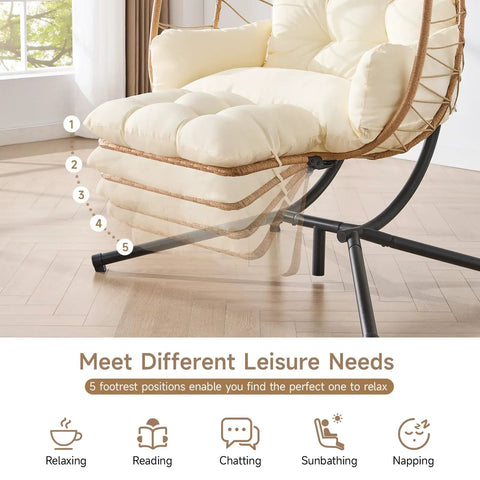 Two Person Egg Chair With Adjustable Footrest And Stand For Outdoor And Indoor Use Rattan Hammock Swing Loveseat With Cushions And Headrests 650 Lb Capacity Ideal For Patio Deck Or Bedroom Lounger For Ultimate Relaxation close-up of adjustable footrest positions