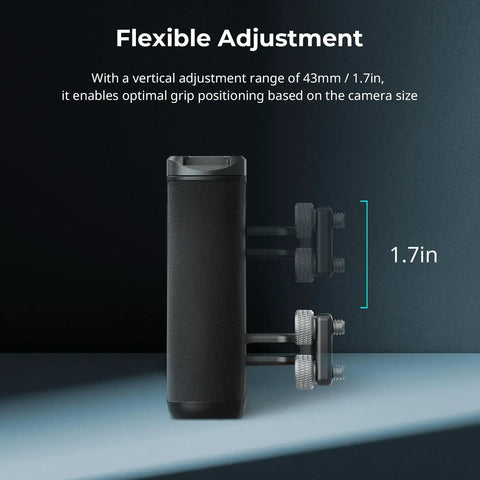 Ergonomic Mini Side Handle For Camera Cages With One Quarter Twenty Screws, flexible adjustment range highlighted, side view