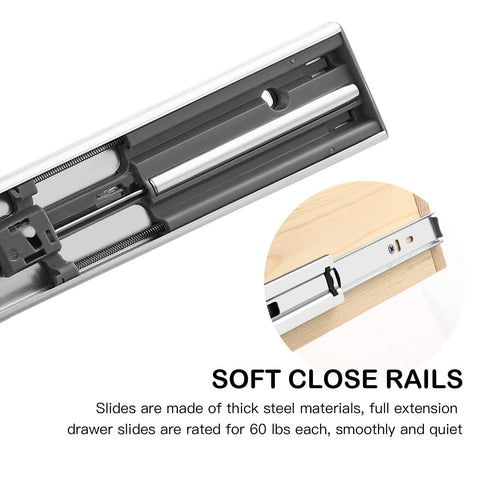 Close-up of soft close rails for Premium Two Tier Pull Out Cabinet Organizer Featuring Ball Bearings And Smooth Glide Slide Out Drawer For No Sweat Assembly Tons Of Room Under Counter Kitchen Pantry Storage Solution Fits 17 Wide.