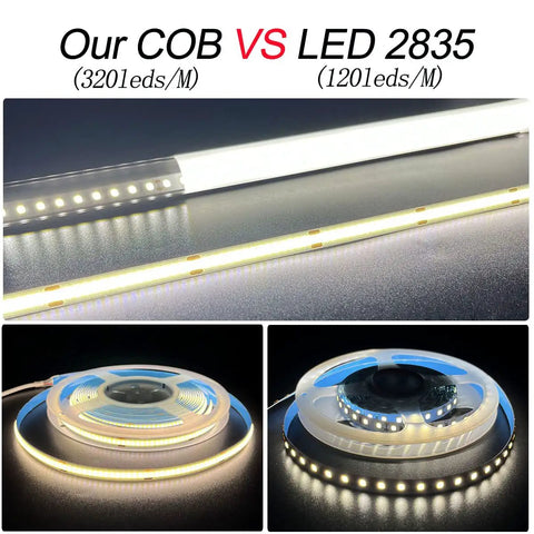 Comparison of Ice Blue COB LED Strip Lights 12V 5M 320 LEDs Per Meter with LED 2835 on dark background