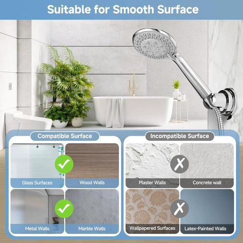 Removable Shower Head Holder For Bathroom With No Drill Suction Cup Adjustable Handheld Shower Bracket showing surface compatibility chart