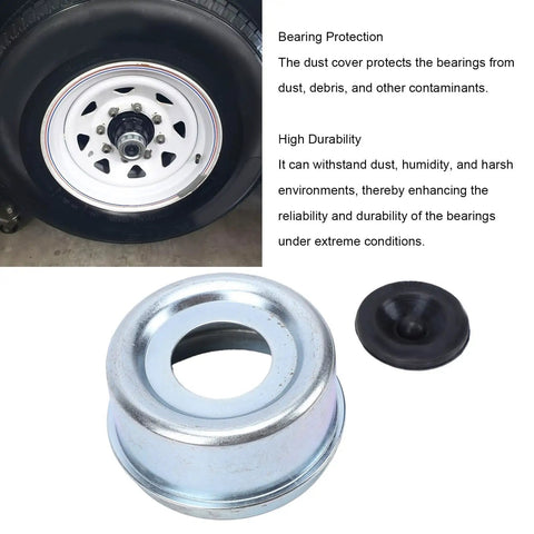 Trailer Wheel Bearing Protector 2.72 Inch Hub Cap, Metal and Rubber Dust Shield for Boat Trailer Marine and RV Axles close-up.