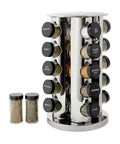 20 Jar Revolving Countertop Spice Rack With Pre Filled Glass Jars And Removable Sifter And Labeled Black Caps And Free Spice Refills For Five Years Polished Stainless Steel Easy Reach Kitchen Organizer For Fresh Flavor