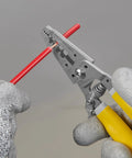 7 Inch Wire Stripper And Cutter Tool For 6 To 12 AWG Stranded Wire Crimping Pliers For 8 32 And 10 32 Screws in use stripping red wire