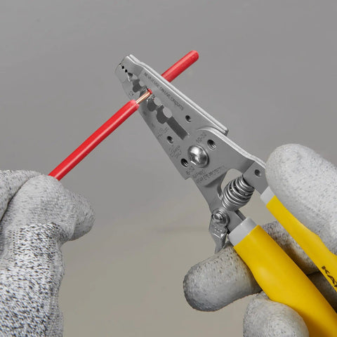 7 Inch Wire Stripper And Cutter Tool For 6 To 12 AWG Stranded Wire Crimping Pliers For 8 32 And 10 32 Screws in use stripping red wire