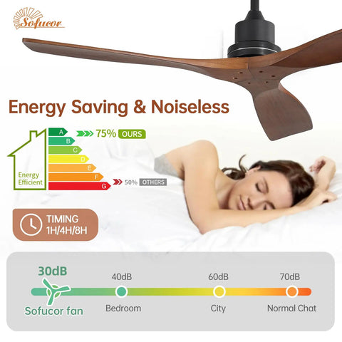 Energy saving 52 Inch Indoor Outdoor Ceiling Fan With Light Remote Control above sleeping woman, noise level chart