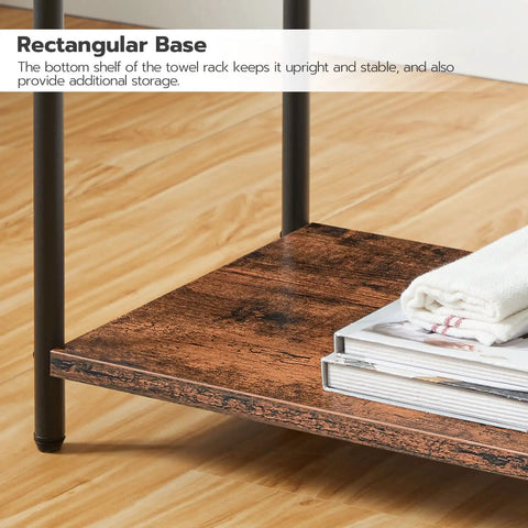 Freestanding 4 Tier Towel Rack And Blanket Display Stand with rustic brown shelf and black finish base for stability
