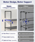 Comparison of U-shaped and small corner connectors for a tall 10-tier shoe organizer with detachable fabric shelves and metal frame.
