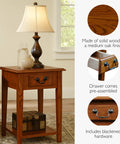 Solid Wood Square Side Table With Drawer And Shelf In Medium Oak Brown For Living Rooms And Small Spaces, featuring lamp and decor.