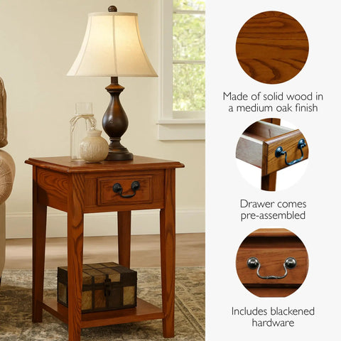 Solid Wood Square Side Table With Drawer And Shelf In Medium Oak Brown For Living Rooms And Small Spaces, featuring lamp and decor.