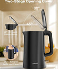 Double Wall 1.7L Electric Kettle With Cool Touch Exterior No Burn Hands Safety Rapid 1500W Boil Stainless Steel Water Boiler And Heater Cordless Base BPA Free Black in kitchen setting, showcasing two-stage opening lid for easy refill and cleaning.