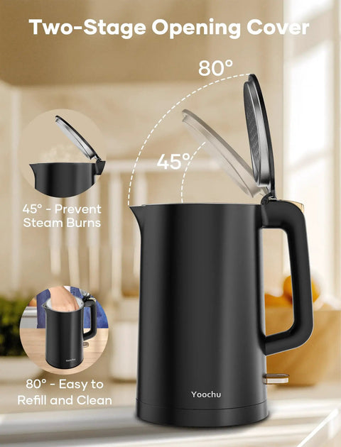 Double Wall 1.7L Electric Kettle With Cool Touch Exterior No Burn Hands Safety Rapid 1500W Boil Stainless Steel Water Boiler And Heater Cordless Base BPA Free Black in kitchen setting, showcasing two-stage opening lid for easy refill and cleaning.