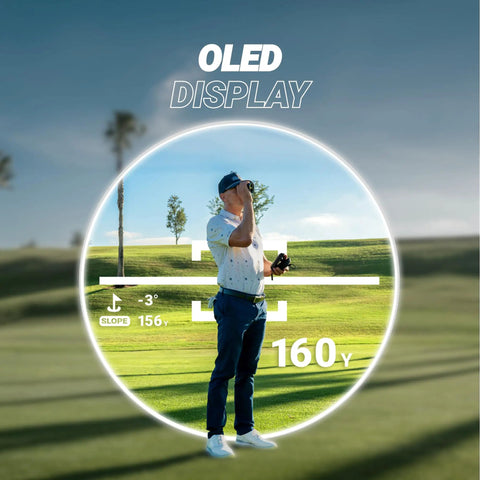 Series 4 Ultra Golf Rangefinder With Slope Switch Black in use, showing OLED display and measurements on a golf course