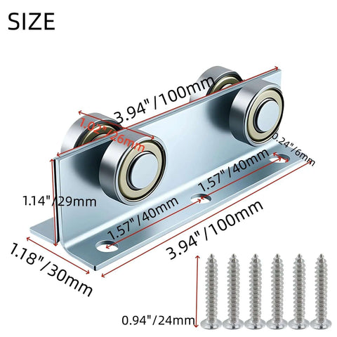 Sliding Door Hardware 100x30x29mm Heavy Duty Steel Trolley Assembly with included screws, dimensions labeled for sliding barn doors.