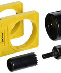Pro Level Carbon Steel Lock Installation Kit With Adjustable Guide Template For Wood Doors - yellow drill jig and black hole saws
