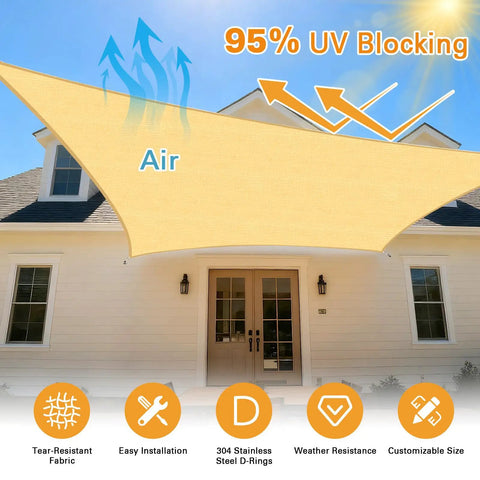 Sun Shade Sail 10x16 Feet Sand Rectangle With Curved Edges 185GSM HDPE Outdoor Shade Cloth Installed Over House Front View