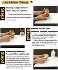 Laser lens and mirror cleaning guide with Step1–Step3, showing hands cleaning a gold-plated round mirror.