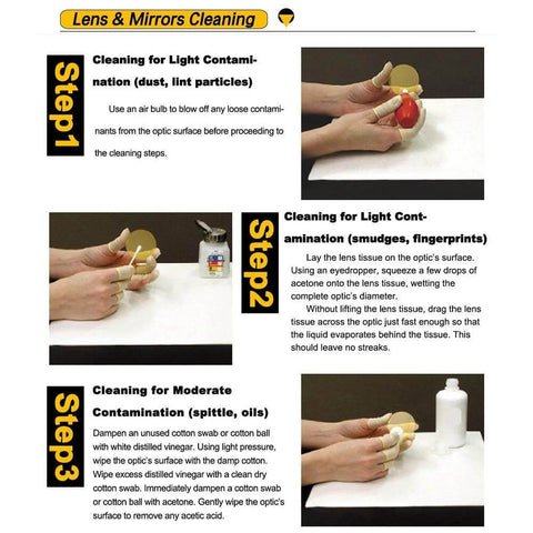 Laser lens and mirror cleaning guide with Step1–Step3, showing hands cleaning a gold-plated round mirror.