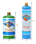 Two 1Lb Empty Propane Tanks for Torch Soldering and Welding, Refillable and Portable, Reusable 14.1 Oz Cylinders in Blue next to green cylinder