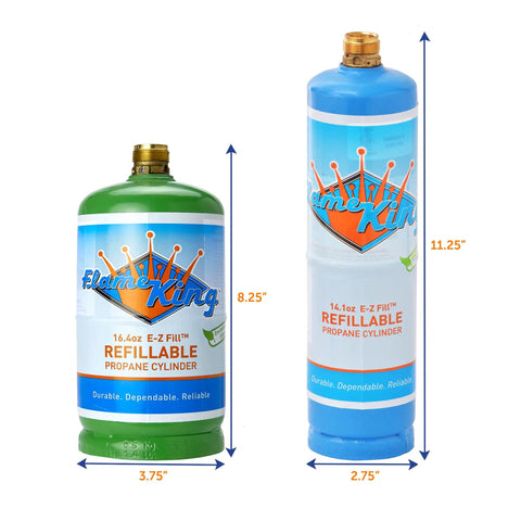 Two 1Lb Empty Propane Tanks for Torch Soldering and Welding, Refillable and Portable, Reusable 14.1 Oz Cylinders in Blue next to green cylinder