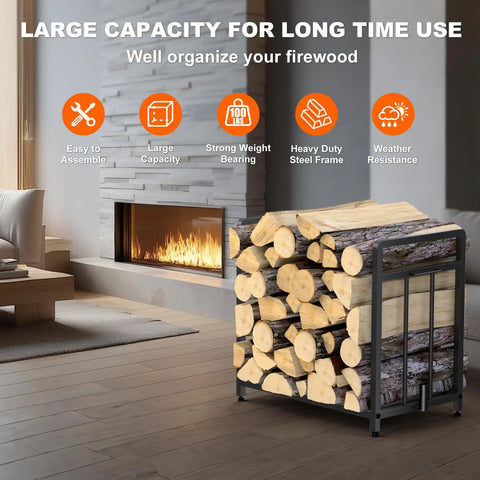 15.5 Inch Compact Metal Firewood Rack With Built In Fire Blower for indoor use showcasing black steel holding firewood