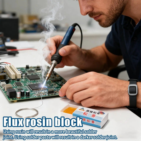 Rosin Flux Soldering Paste Dope 10 Piece High Purity Cream used on PCB electronics for precise joints. Visible smoke from soldering.
