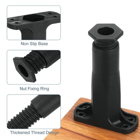 Heavy Duty Adjustable Bed Frame Support Legs With Center Slat Stabilizers That Lock Tight To Banish Every Wobble close-up view of black plastic support leg with non-slip base and thickened thread design