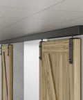 8 Ft Ceiling Mount Box Rail Barn Door Hardware Heavy Duty Sliding Track Kit For Double Doors Aluminum Alloy installed view