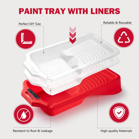 11-Piece Foam Paint Roller Kit with 4-Inch Roller showing red magnetic tray with transparent liners, ideal for DIY projects