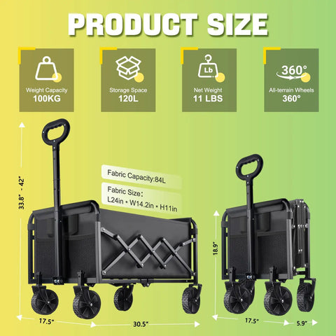 Heavy Duty Collapsible Wagon Cart For All Terrain Use With 100Kg Load Capacity Portable Folding Utility Wagon dimensions
