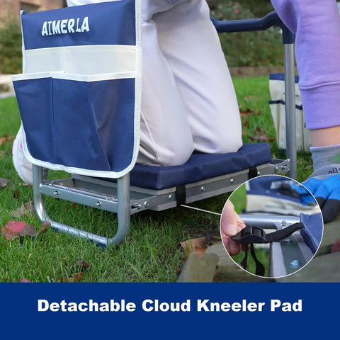 Foldable Garden Kneeler Seat With Detachable Cloud Kneeler Pad showing blue tool bag in garden setting
