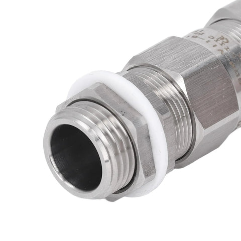 Cable gland, 304 stainless steel armored, front view with white seal ring and threaded nut